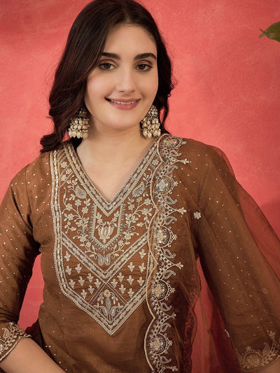Indyancart SN Women's Zari Sequence Printed Embroidered Straight Kurta & Trouser With Dupatta