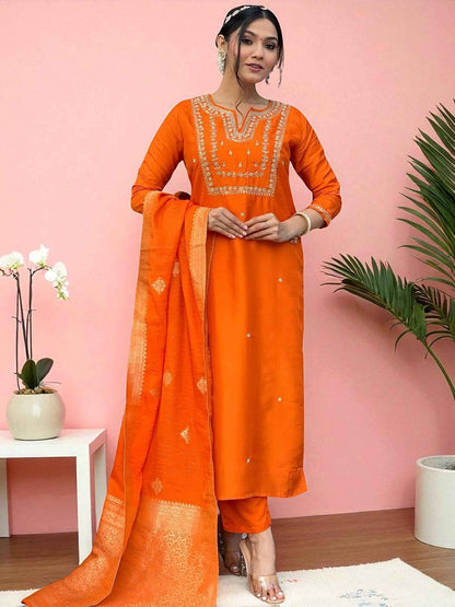 Indyancart SN Women's Floral Embroidered Thread Work Notch Neck Straight Kurta With Trouser And Dupatta