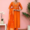 Indyancart SN Women's Floral Embroidered Thread Work Notch Neck Straight Kurta With Trouser And Dupatta