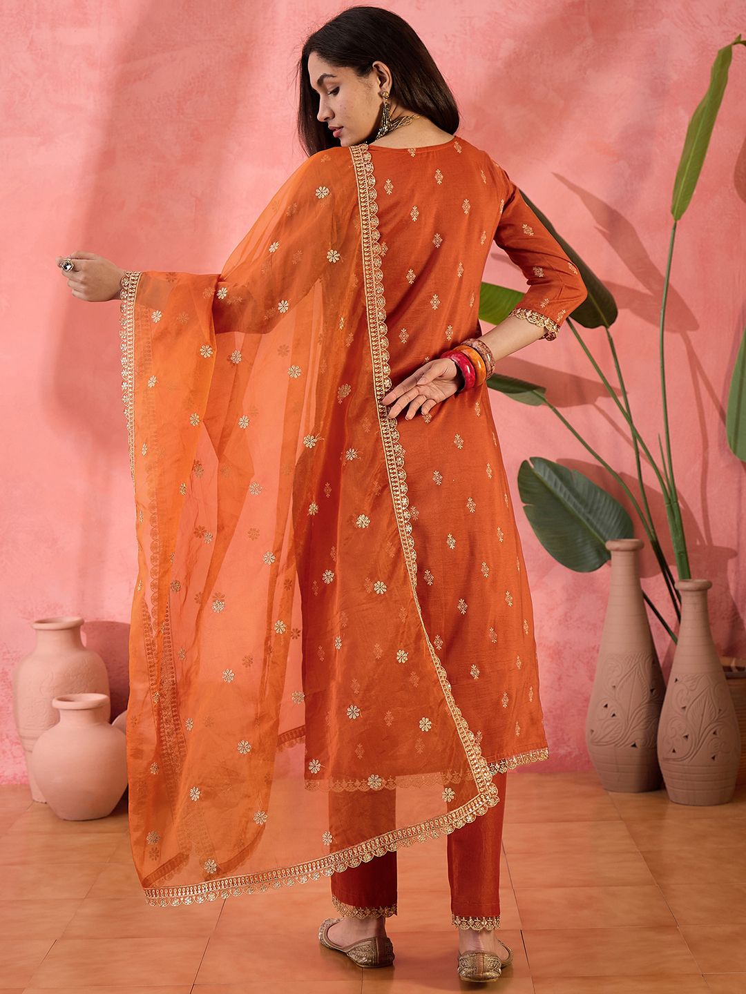 Dhiyona SN Women's Orange Ethnic Motifs Woven Design Sequinned Kurta With Trousers And Dupatta