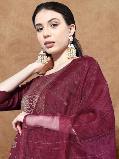 Indyancart SN Women's Floral Woven Design Kurta with Trouser & Dupatta