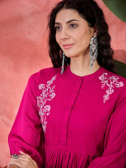 Indyancart SN Women's Floral Embroidered Band Collar Anarkali Kurta With Trousers