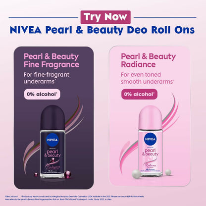 Nivea Pearl and Beauty Deo Roll-On with pearl extracts and avocado oil, smooth and fresh underarms, alcohol-free 48-hour protection.