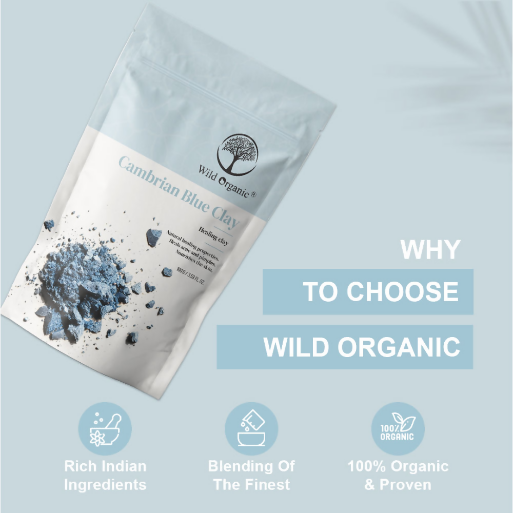 Wild Organic Cambrian Blue Healing Clay Powder for face masks, showing the vibrant blue powder in a natural container.