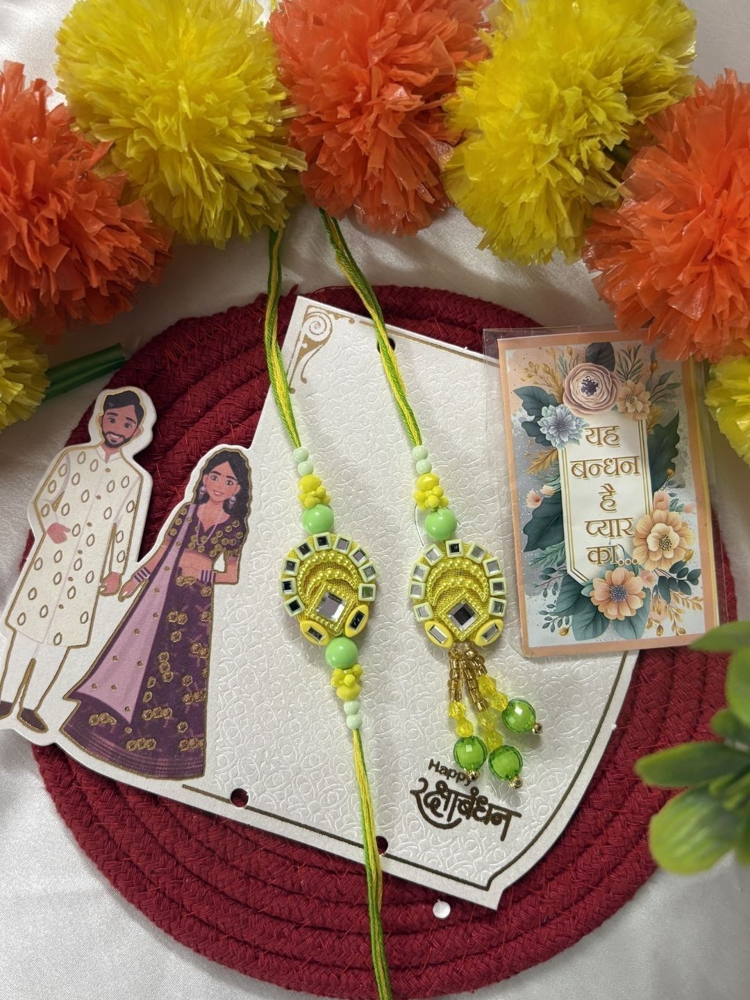 Anouk Set Of 2 Artificial Beads Mirror Work Bhaiya Bhabhi Rakhi With Roli Chawal Chandan