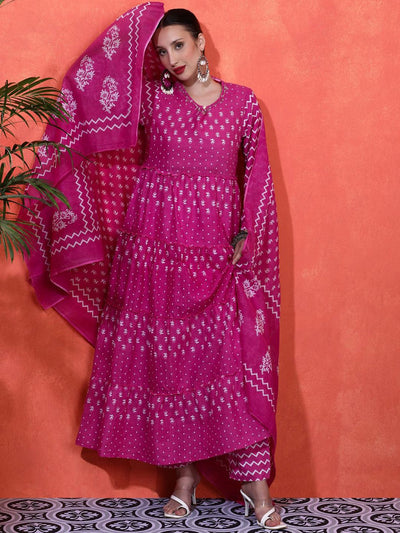 Indyancart SN Women's Floral Printed Pure Cotton A-Line Kurta & Trousers Sets