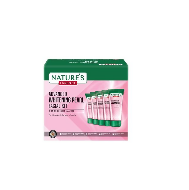 Nature's Essence Advanced Whitening Pearl Facial Kit with skincare products and tools for brightening facial treatment.