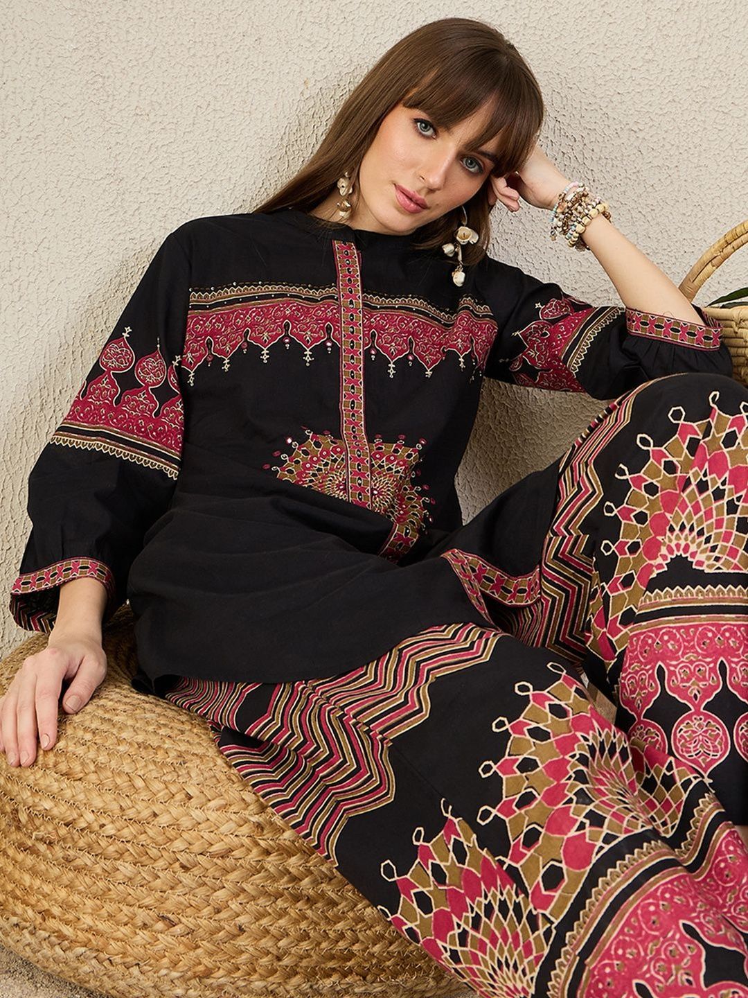 Women Ethnic Motifs Regular A-Line Pure Cotton Kurta with Palazzos Kurta Sets