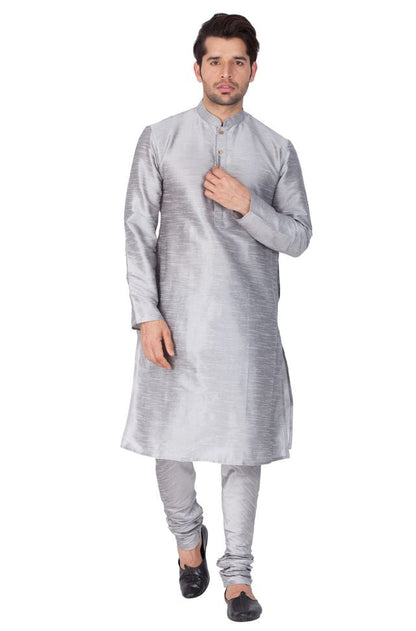 Men's Grey Silk Blend Straight Kurta Pyjama Set