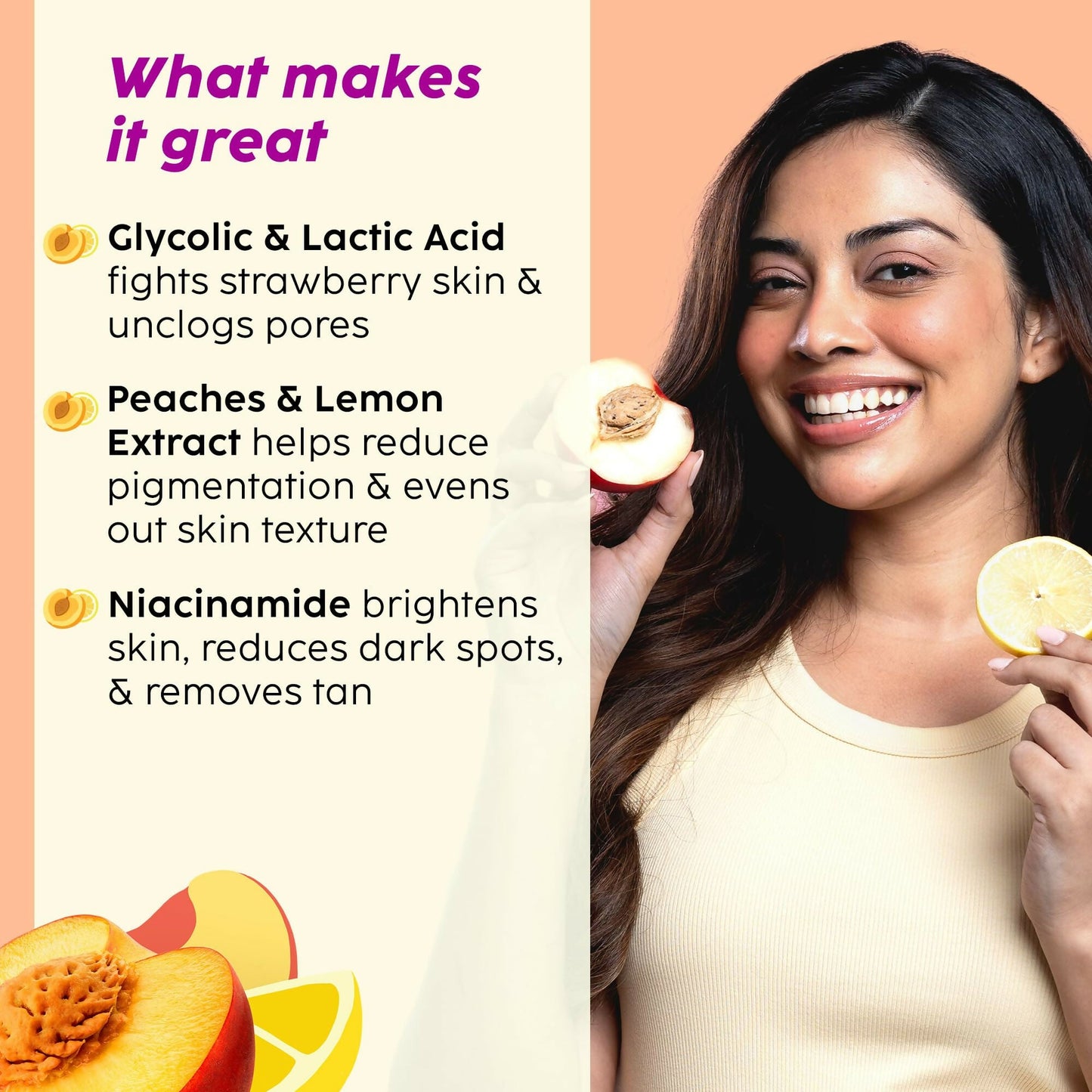 PLIX The Plant Fix Peaches & Lemon exfoliating scrub for bath and shower, removes tan, reduces dark spots, restores skin’s moisture.