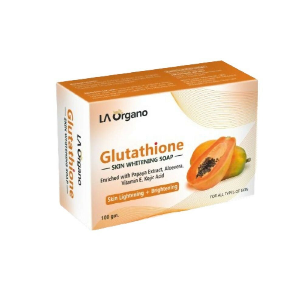 LA Organo Glutathione Papaya Skin Whitening Soap in a bath and shower soap bar, featuring a creamy texture and papaya scent.
