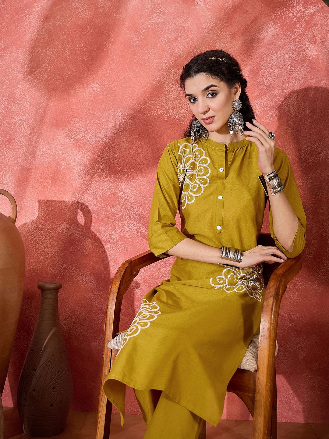 Indyancart SN Women's Floral Embroidered Pure Cotton Straight Kurta With Trousers